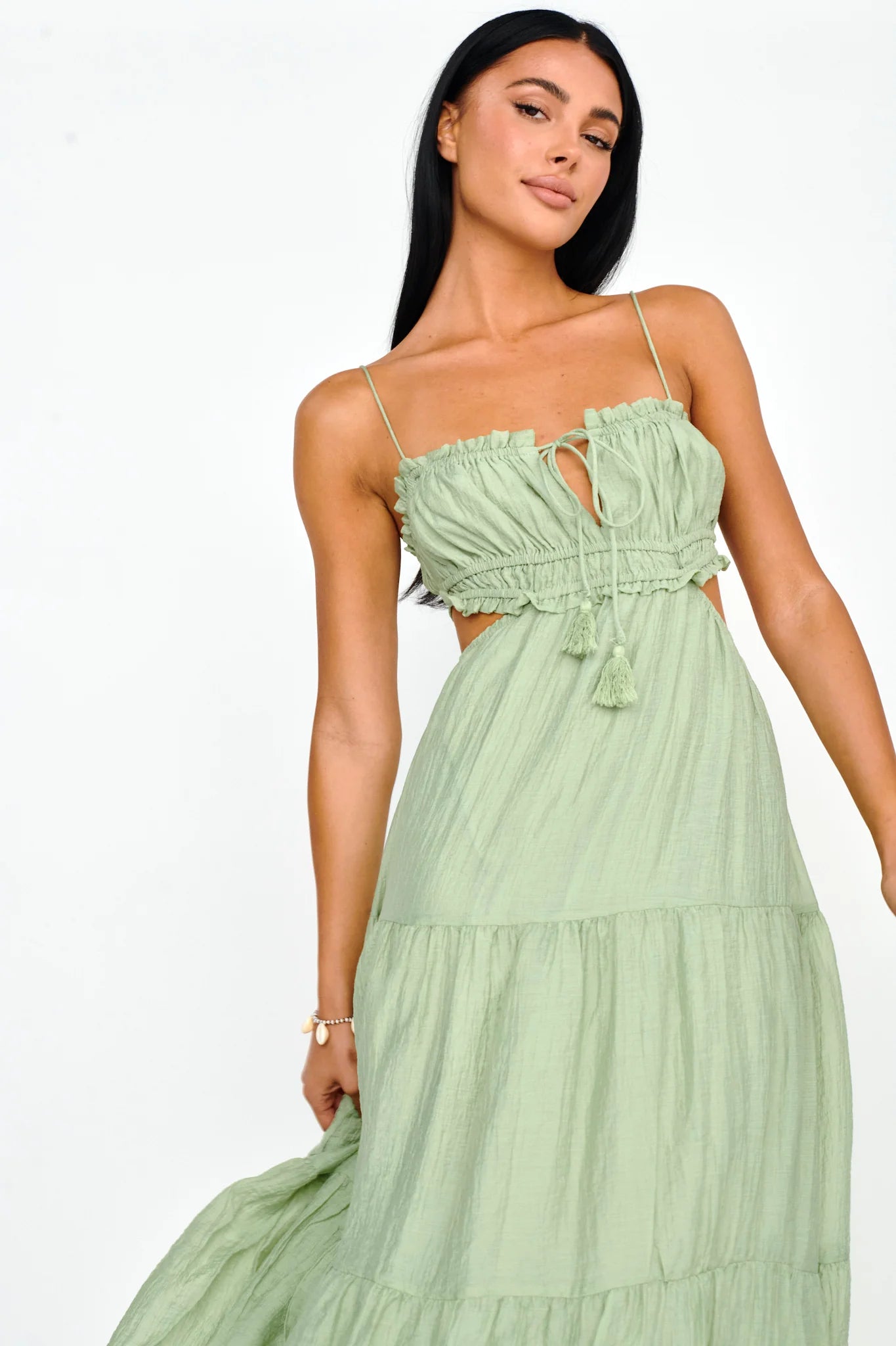 Eyona Cut-Out Waist Tie Maxi Dress Sage