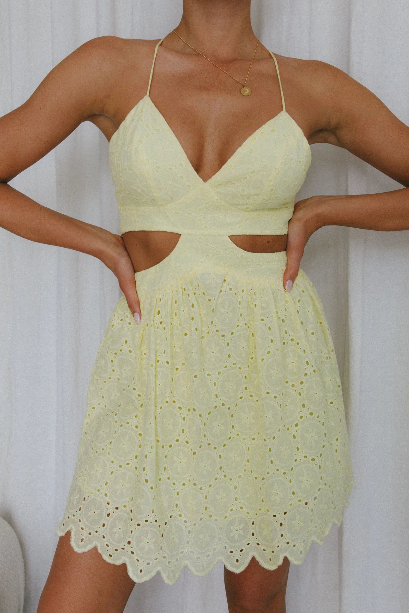 Sloane Eyelet Embroidery Cut-Out Mini Dress Lemon
