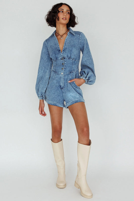 South Beach Long Sleeve Collared Romper Denim