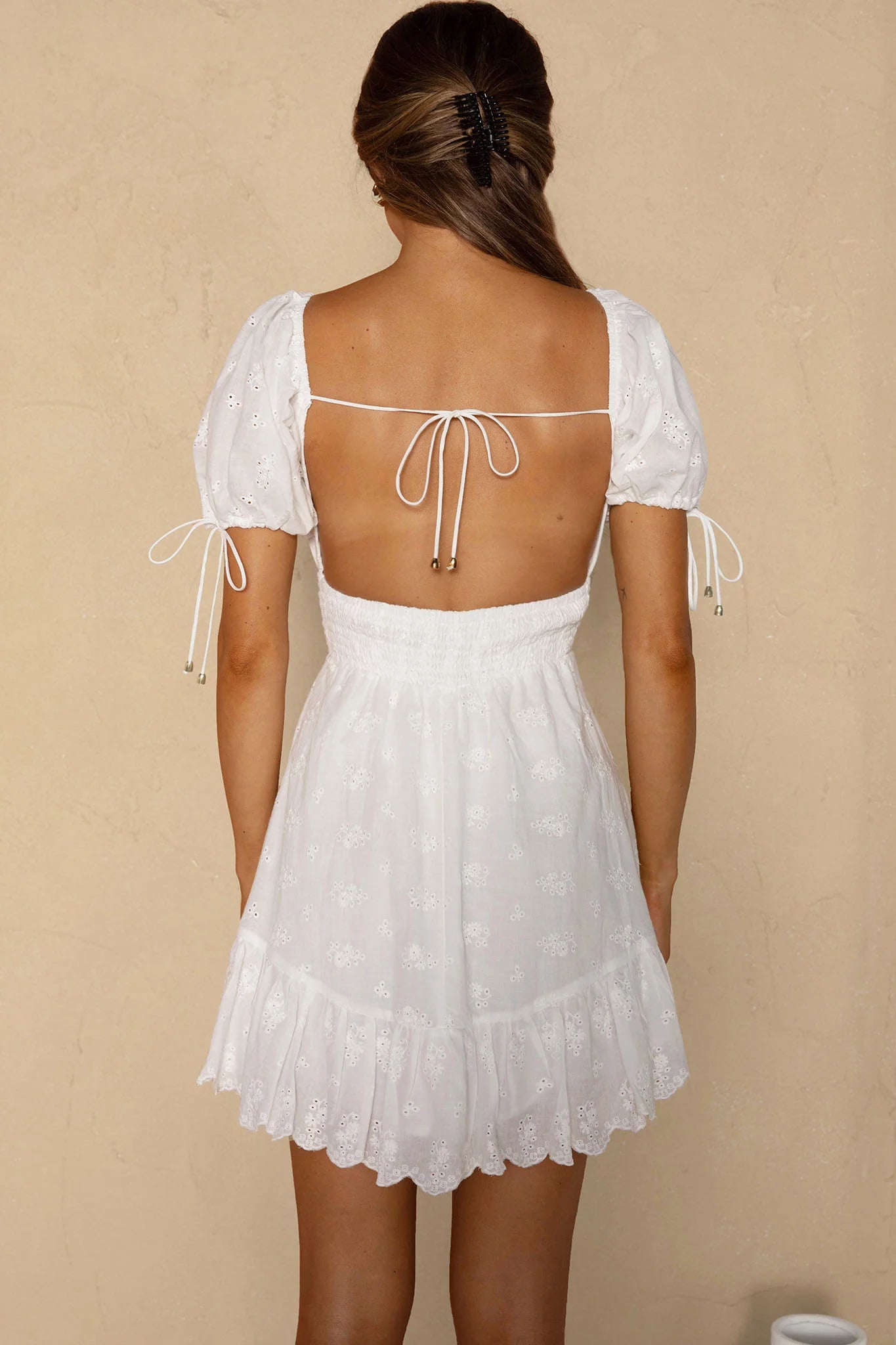 Sweet Devotion Puff Sleeve Shirred Waist Eyelet Mini Dress White