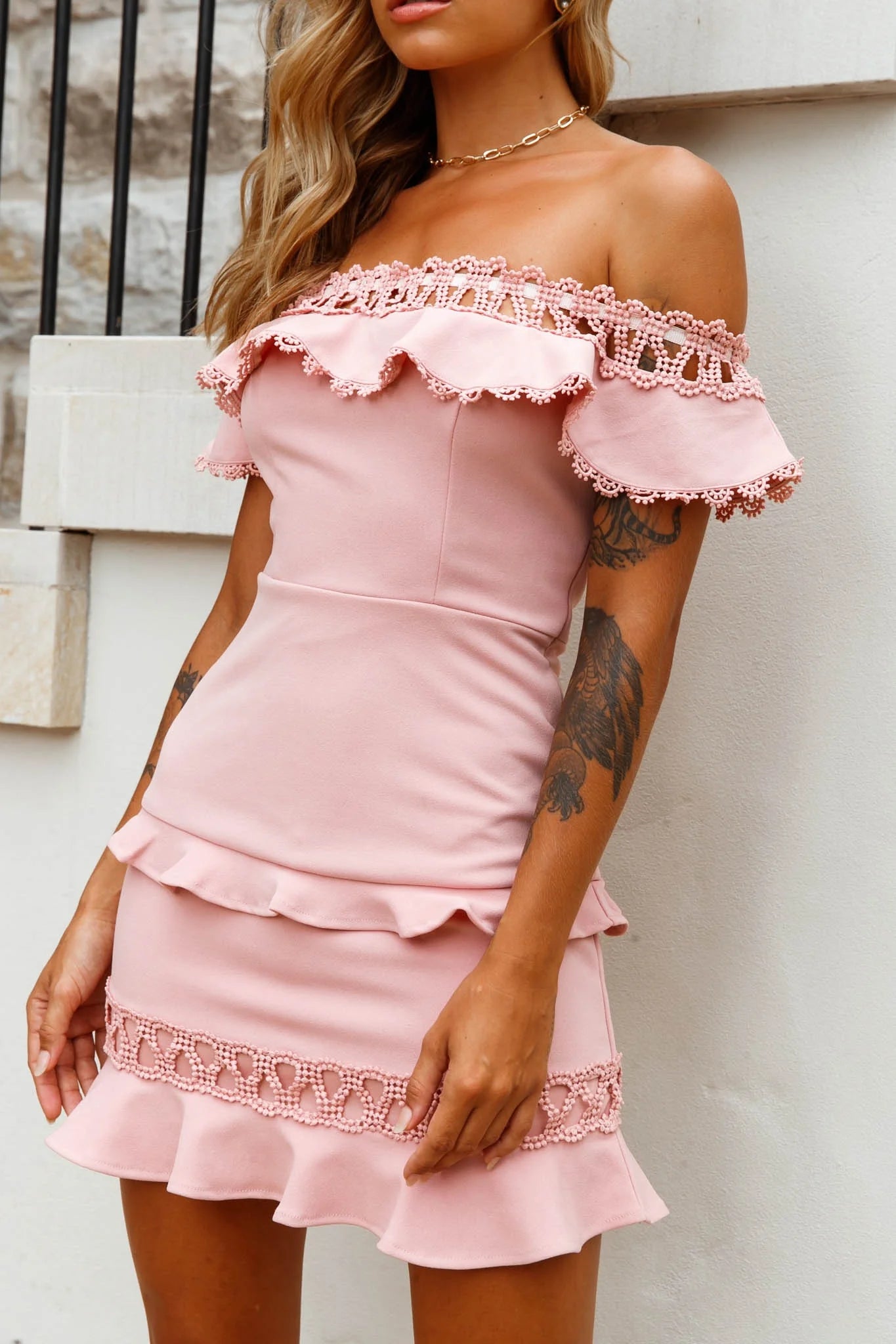 Maddie Off-Shoulder Lace Embroidery Dress Blush