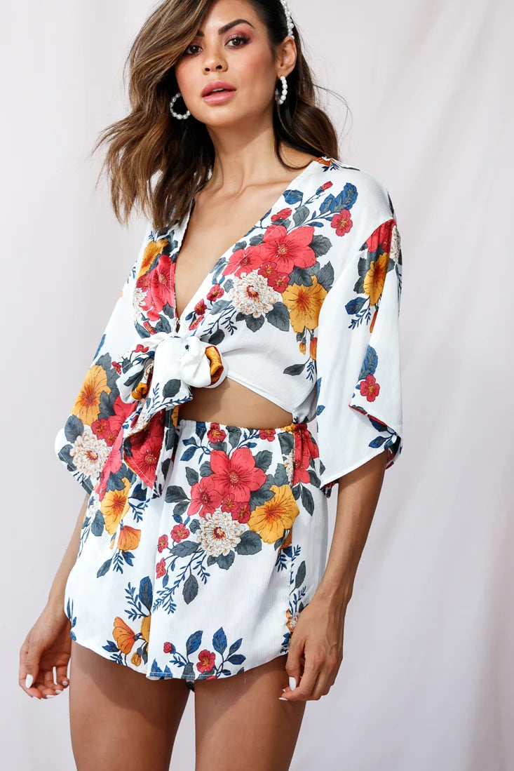 Rivera Tie-Knot Bell Sleeve Romper White