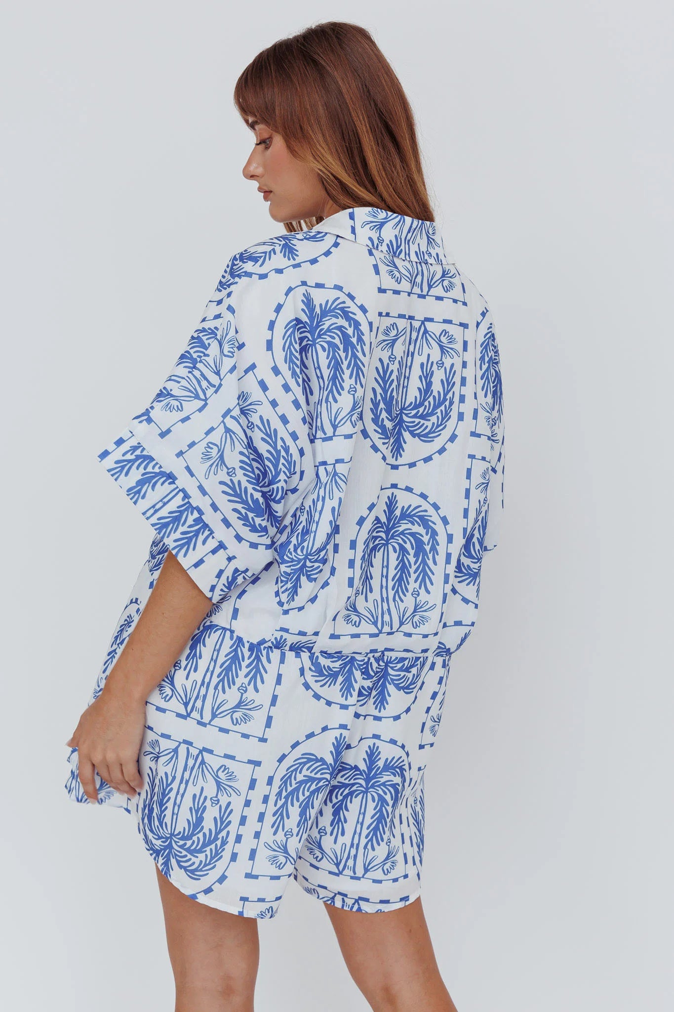 Daytona Beach Button-Up Romper Print Blue