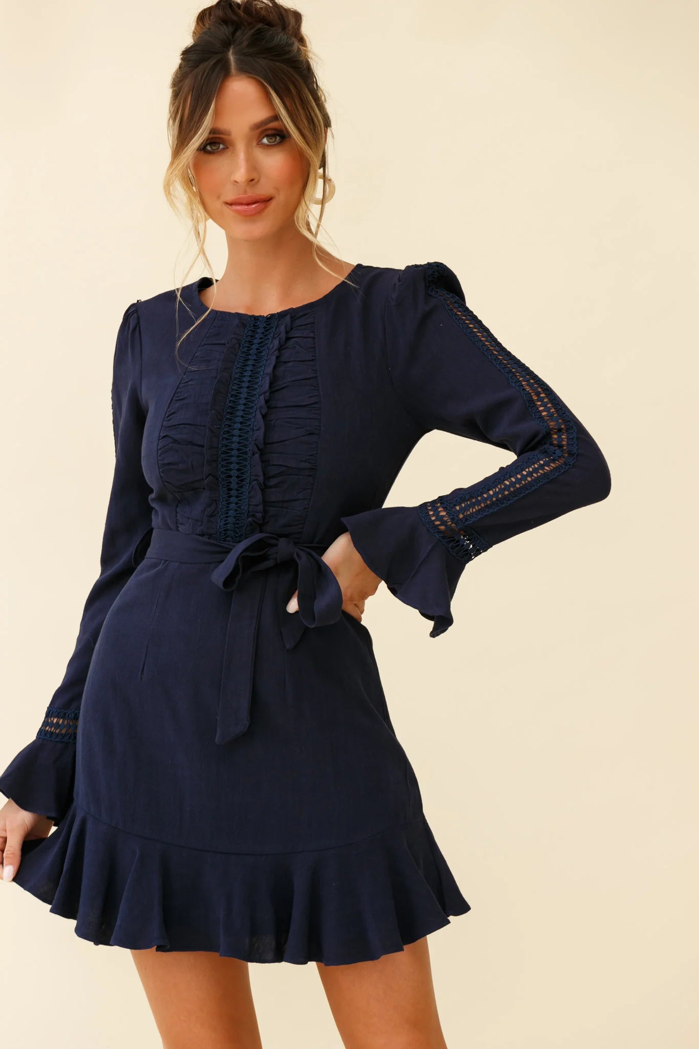 Gardenia Long Sleeve Frill & Crochet Trim Dress Navy