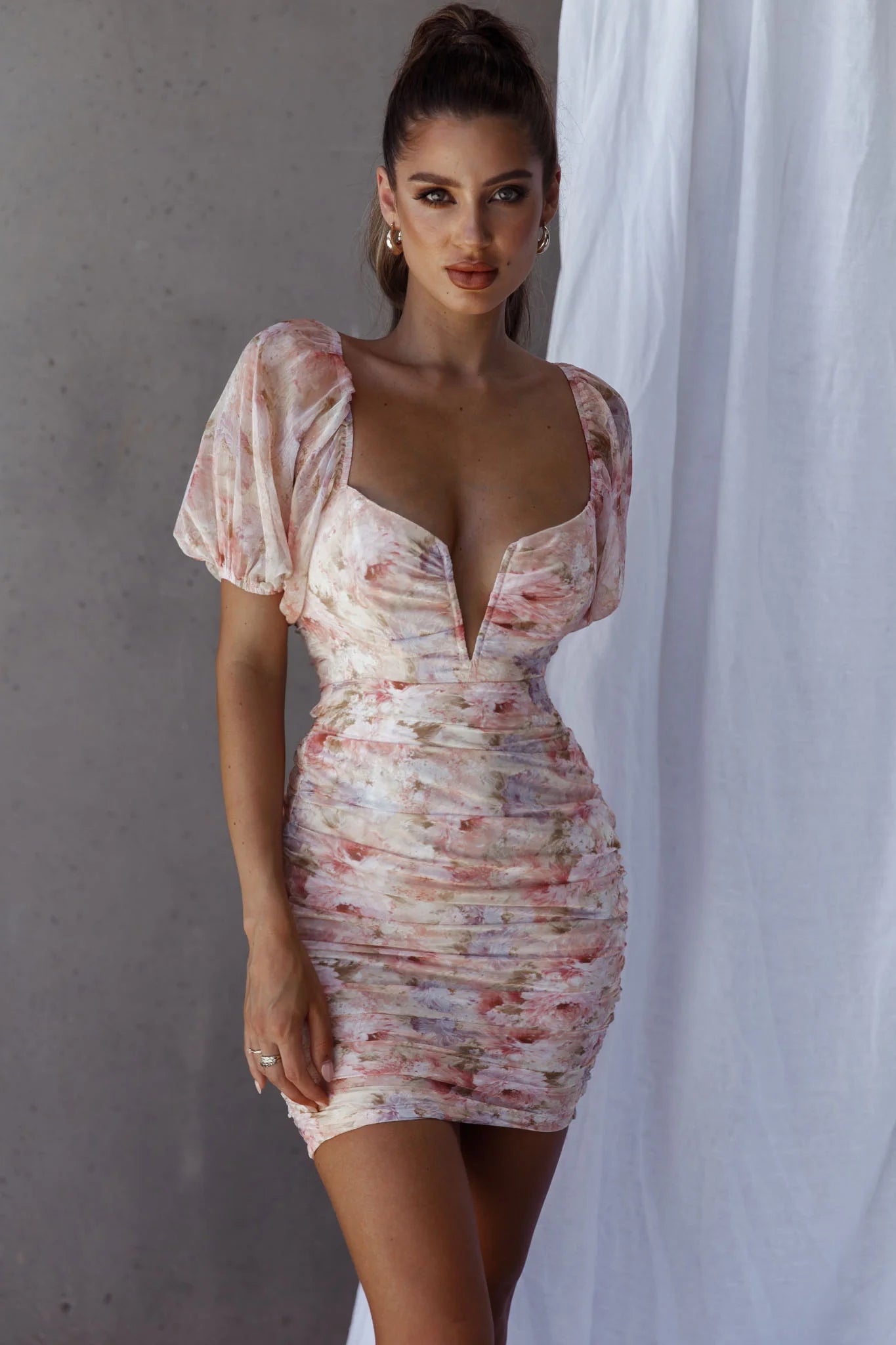 Good Vibes Puff Sleeve Deep V-Neckline Mini Dress Floral Print Pink