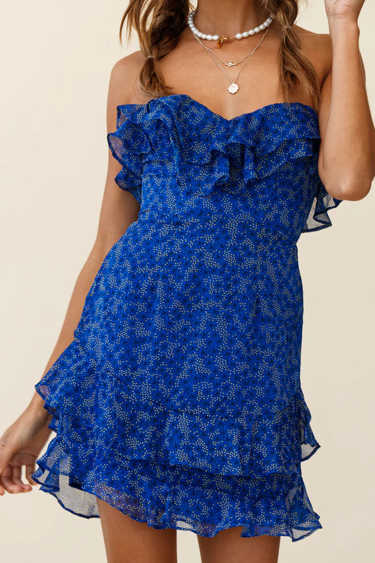 Beth Sweetheart Neckline Strapless Ruffle Dress Flower Print Blue
