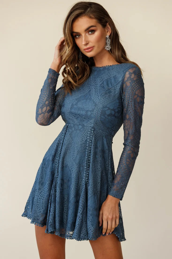Palm Springs Lace Overlay Low Back Dress Midnight Blue