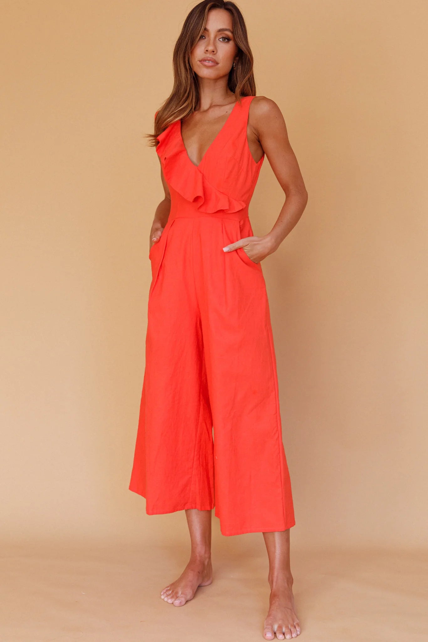 Cheryl Ruffle Strap Wide Leg Jumpsuit Tangerine