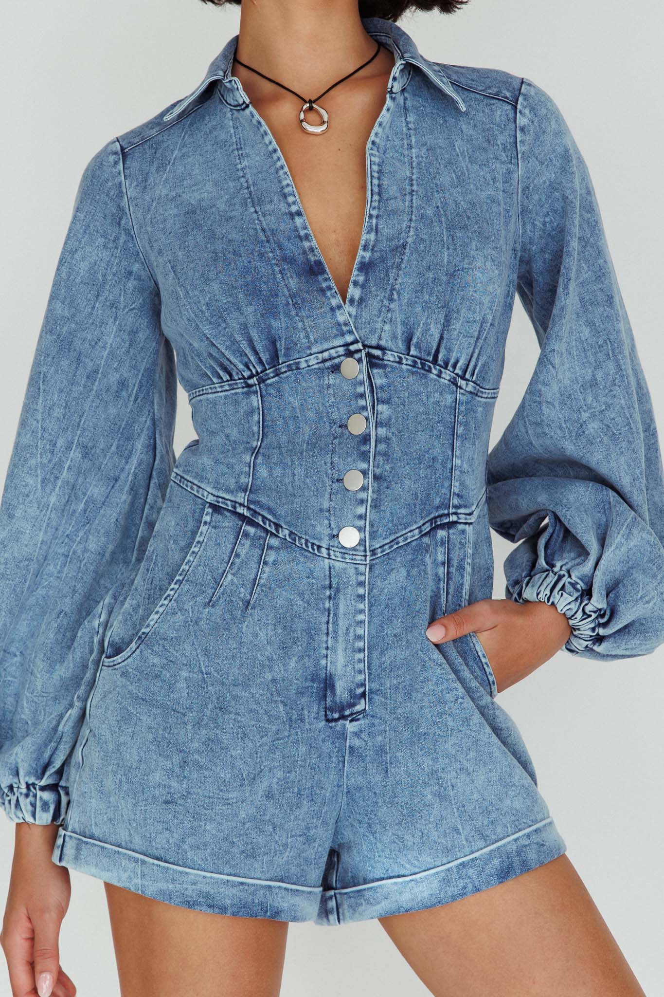 South Beach Long Sleeve Collared Romper Denim