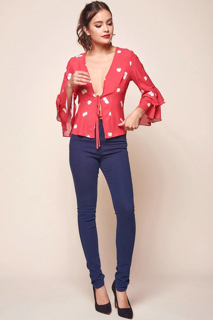 Robbi Cherry on Top Deep V Bell Sleeved Top Red