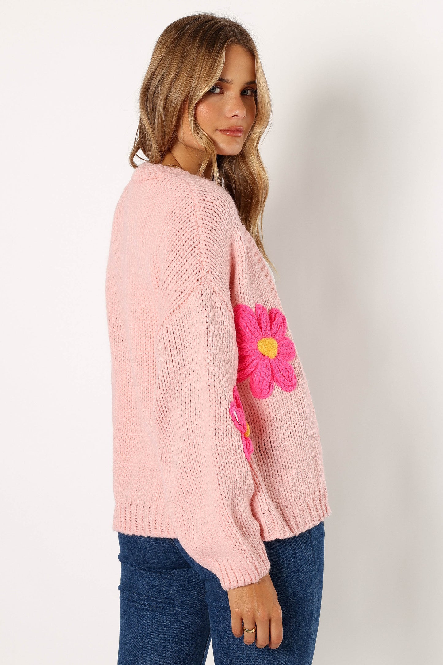 Clementine Flower Embroidered Open Front Cardigan - Pink