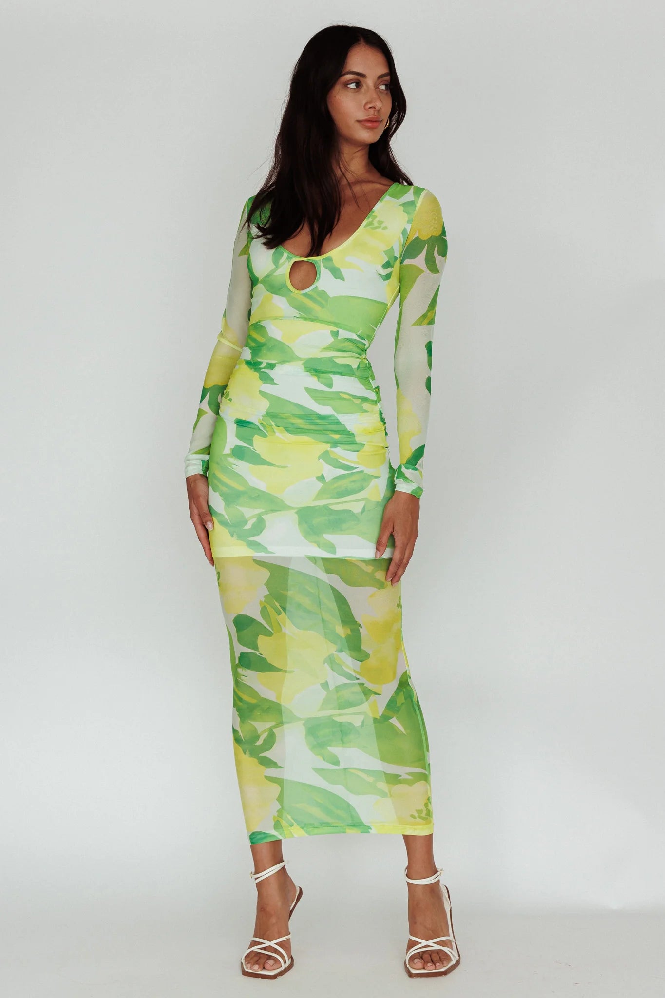 Chardae Long Sleeve Mesh Midi Dress Floral Green