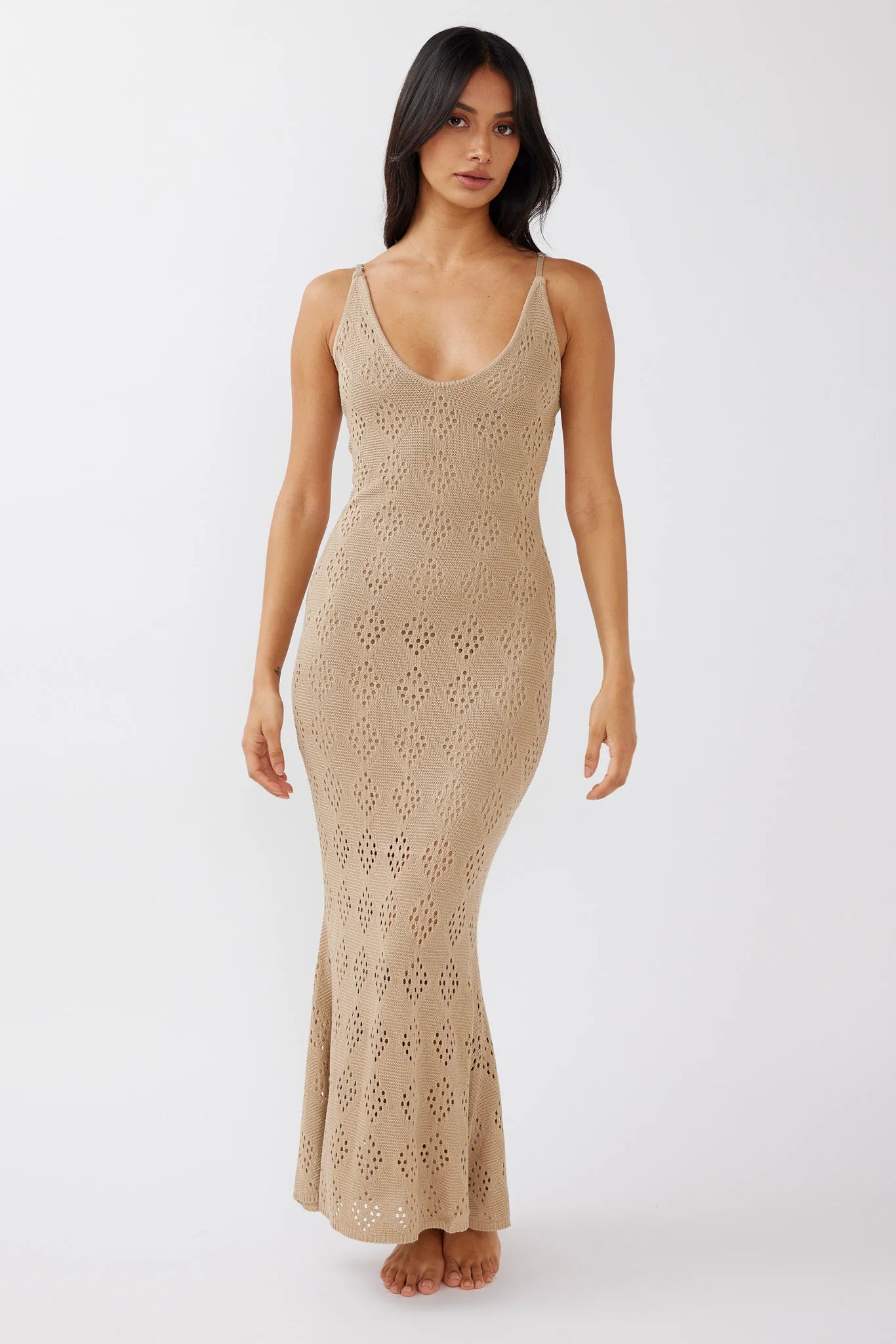 Raven Cami Strap Crochet Maxi Dress Sand
