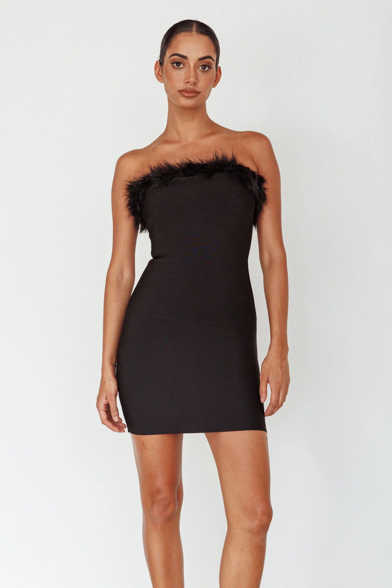 Cherri Fur Trim Mini Dress Electric Black