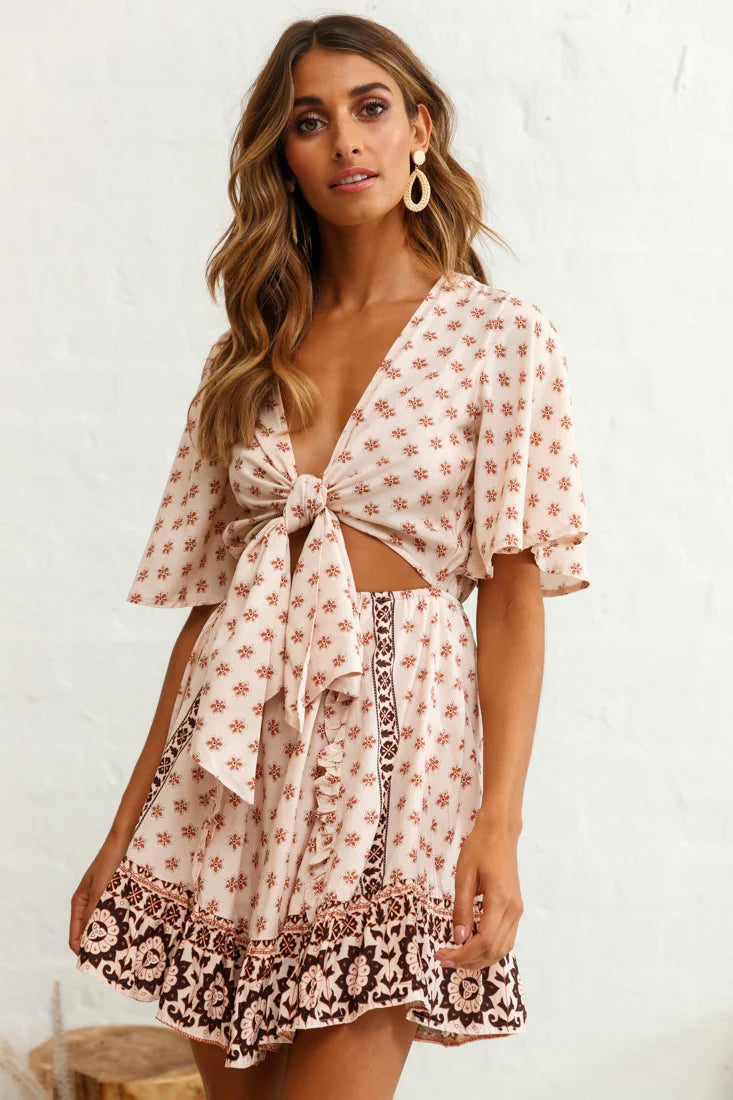 Suva Tie-Knot Bust A-Line Dress Floral Print Nude