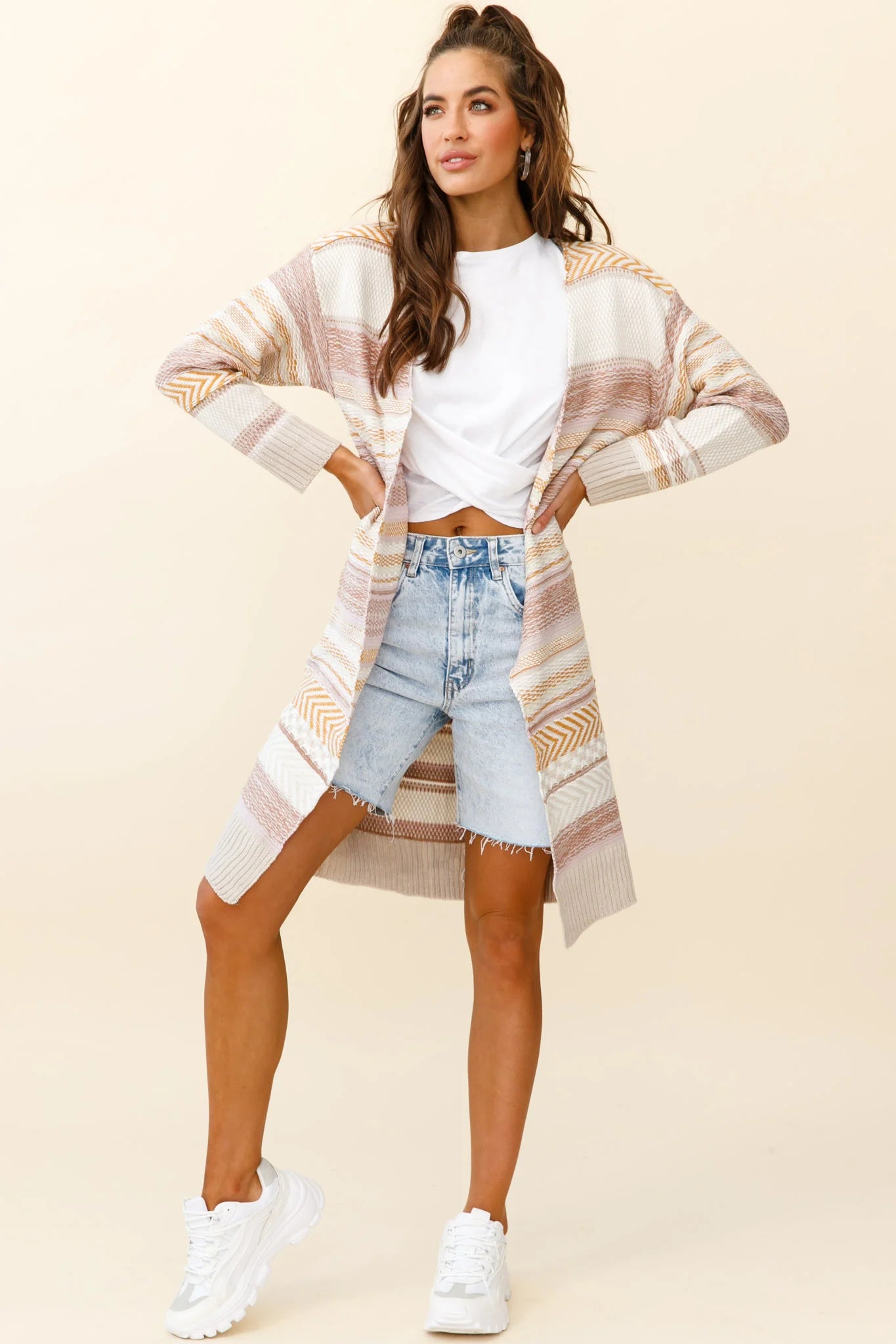 Sabine Long Line Textured Knit Cardigan Beige