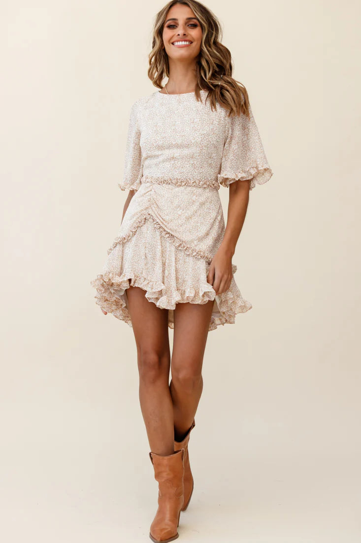 Leona Half Sleeve Frill Trim Dress Floral Print Beige