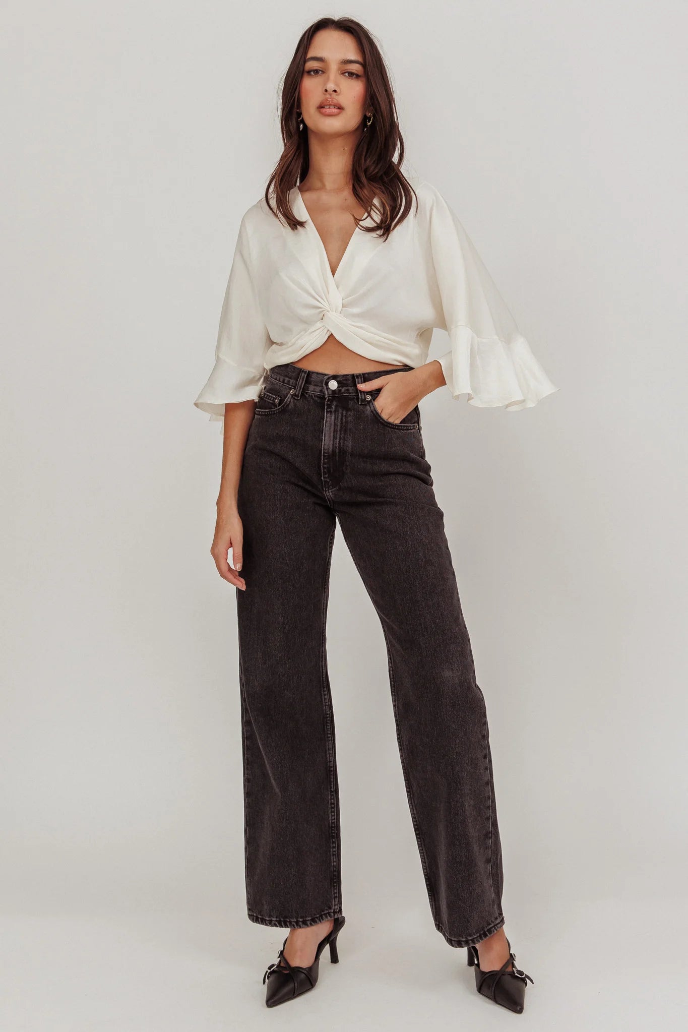 Rejoice Flounce Sleeve Knot Top Ivory