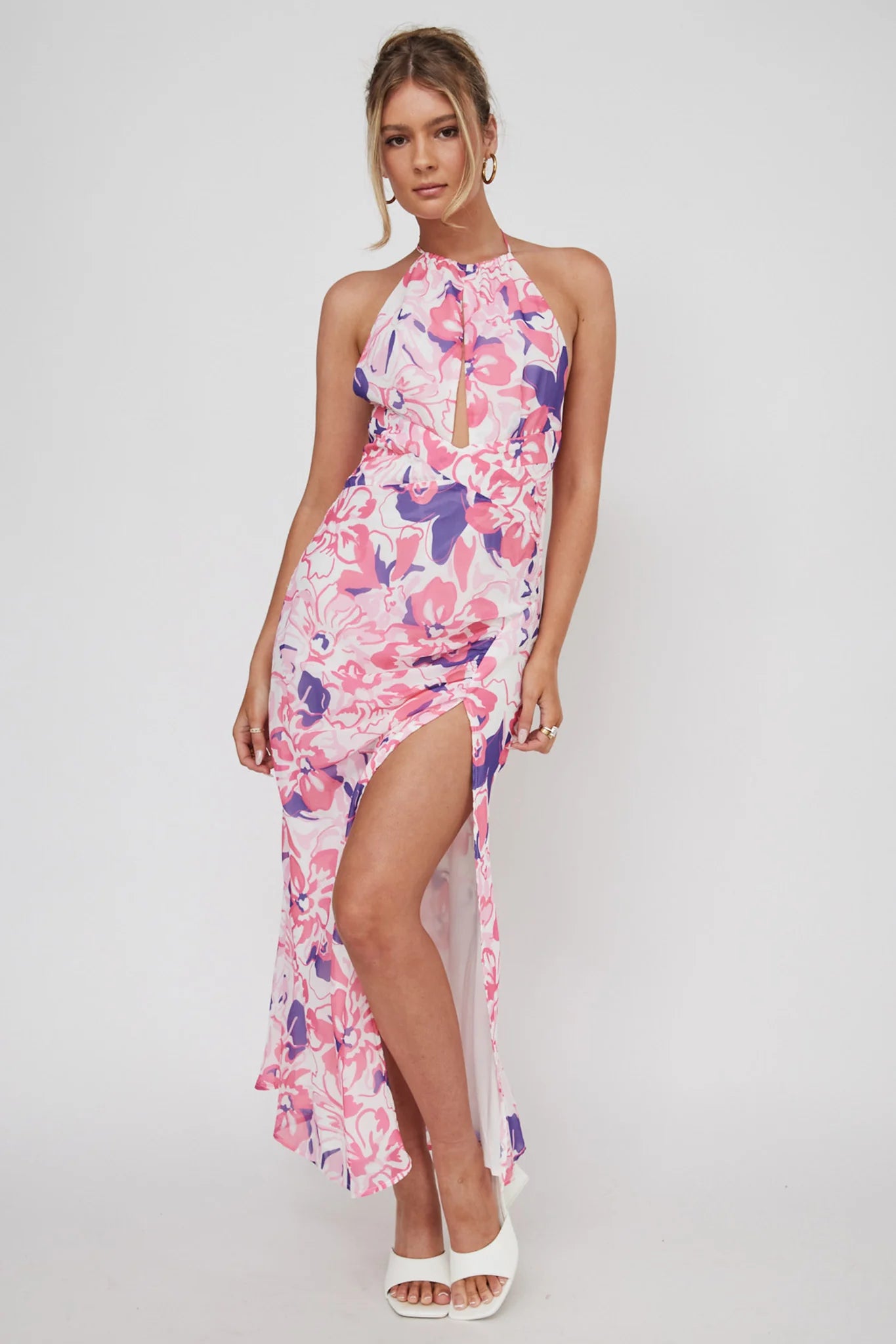 Nirvana Halterneck Split Midi Dress Floral Pink