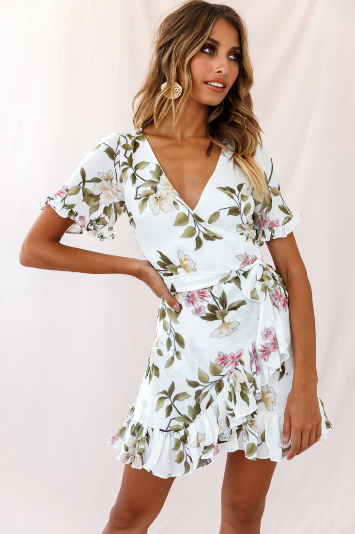 Omara Floral Wrap Ruffle Trim Dress White