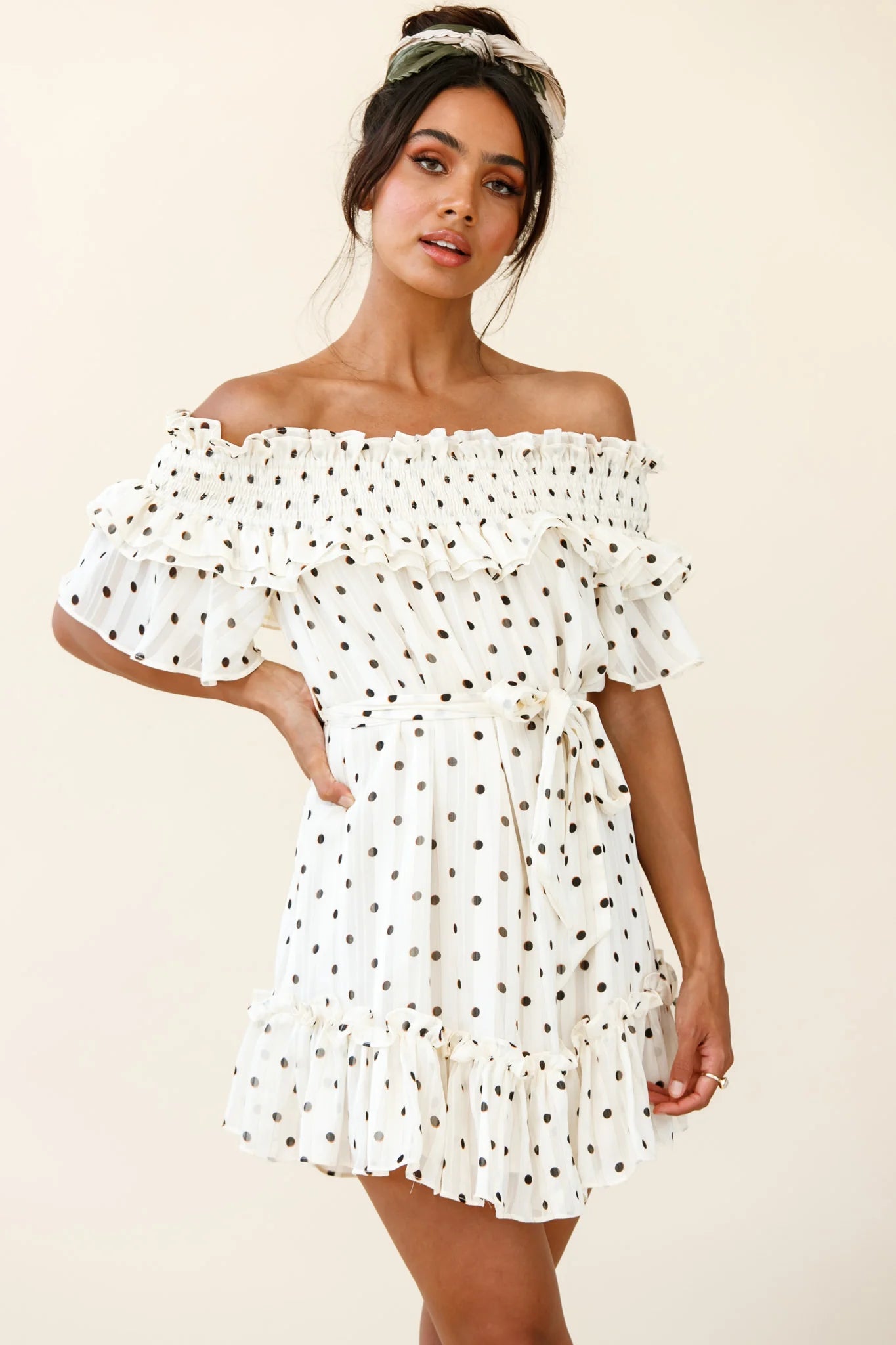 Rita Shirred Off-Shoulder Dress Polka Dot Print White