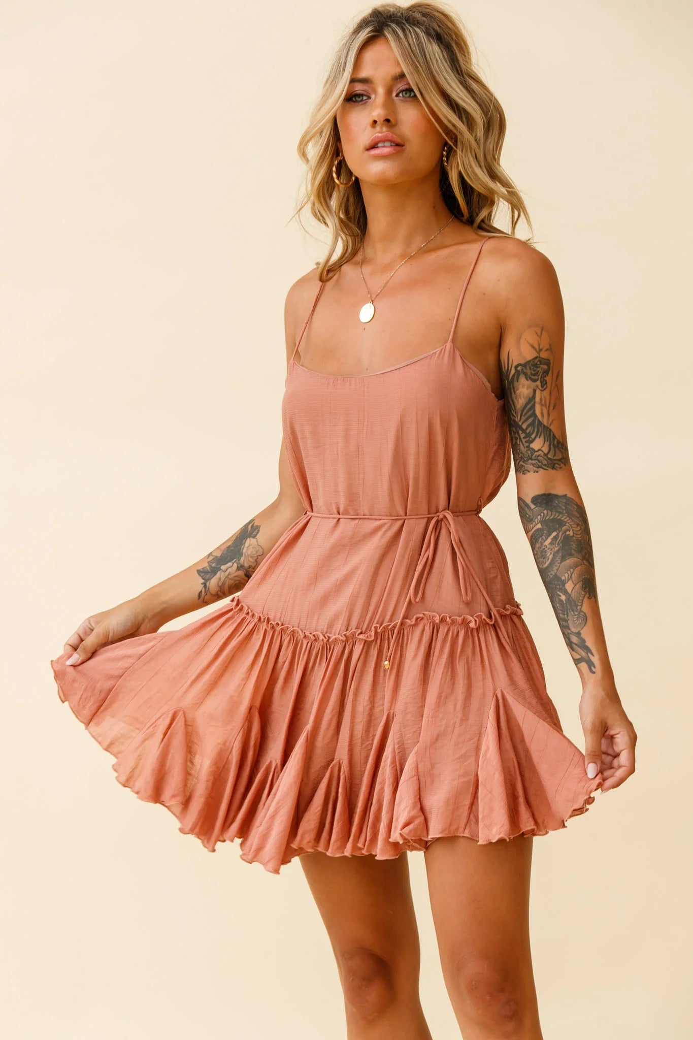 Rosabel Spaghetti Strap Fluted Hem Dress Rose