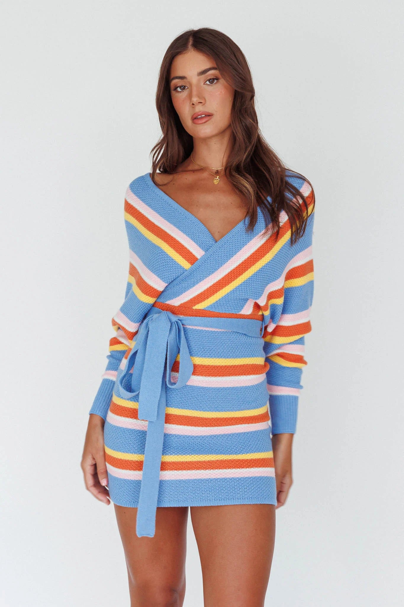 Cameo Batwing Knit Dress Striped Blue