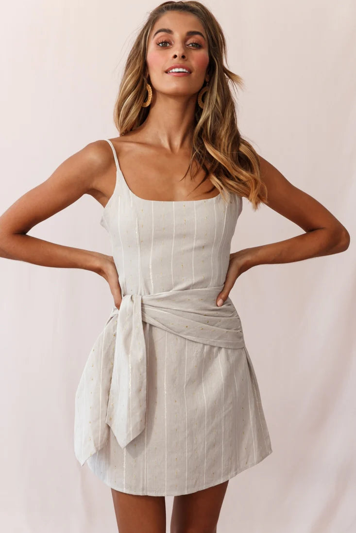 Echo Rounded Neckline Tied Sash Dress Pinstripe Stone
