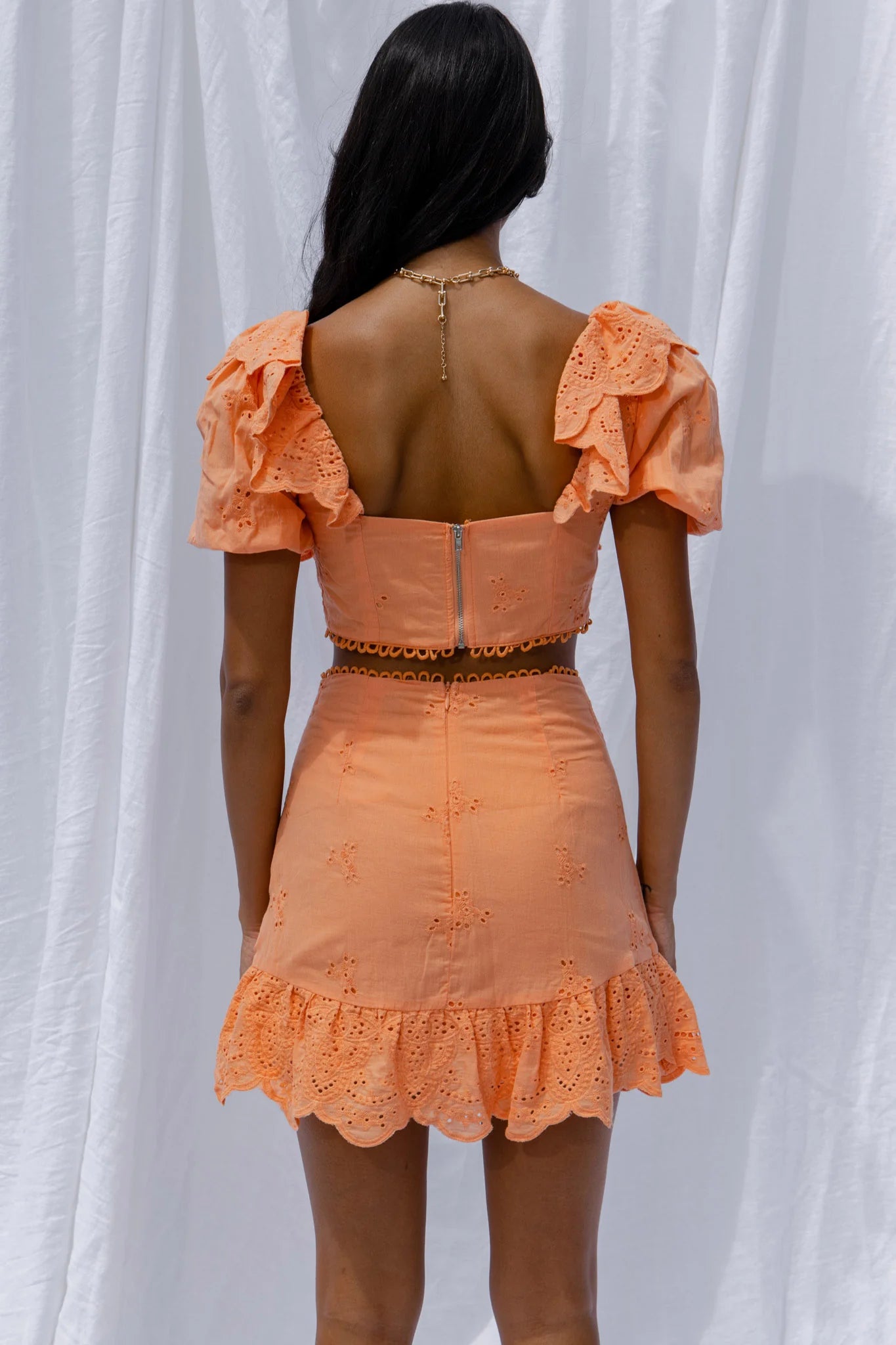 New Moon Scalloped Ruffle Trim Eyelet Skirt Orange