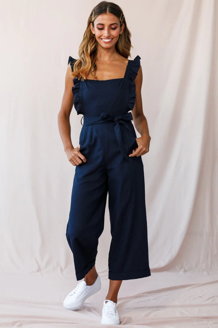 Serenade Ruffle Strap Pinafore Jumpsuit Navy