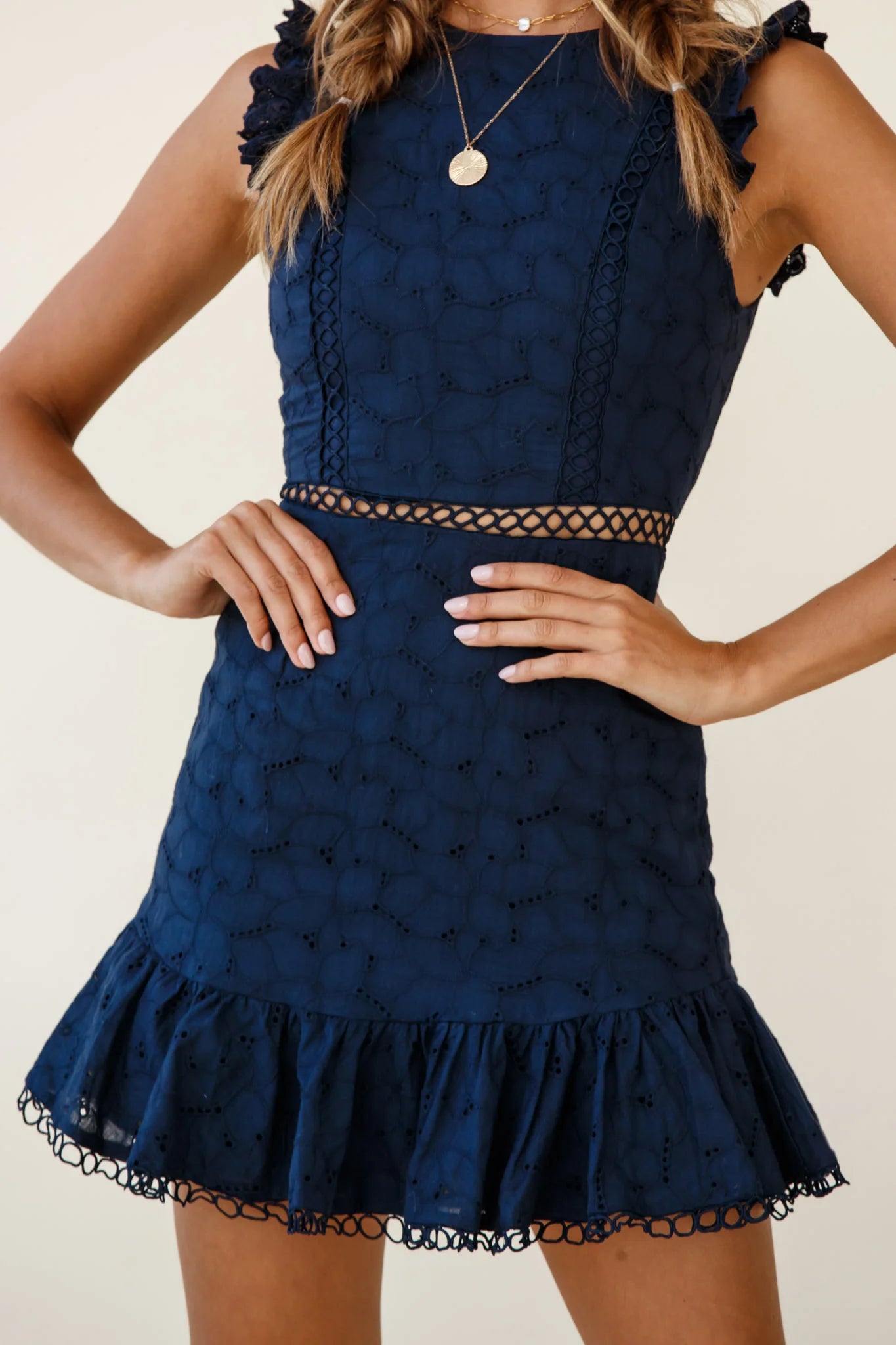 Reaching For Stars Corset Back Broderie Anglaise Dress Navy