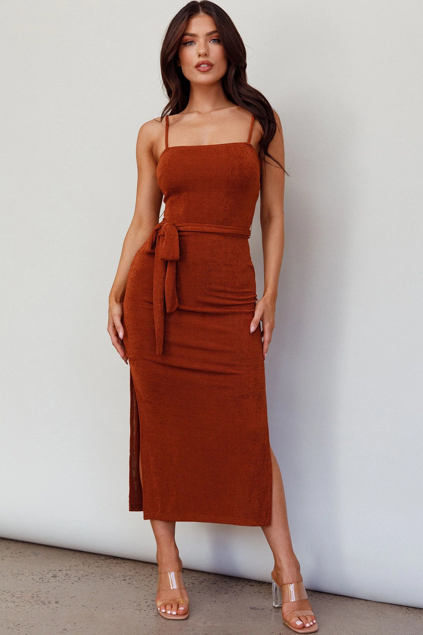 Serenade Me Square Neckline Side Split Midi Dress Cinnamon