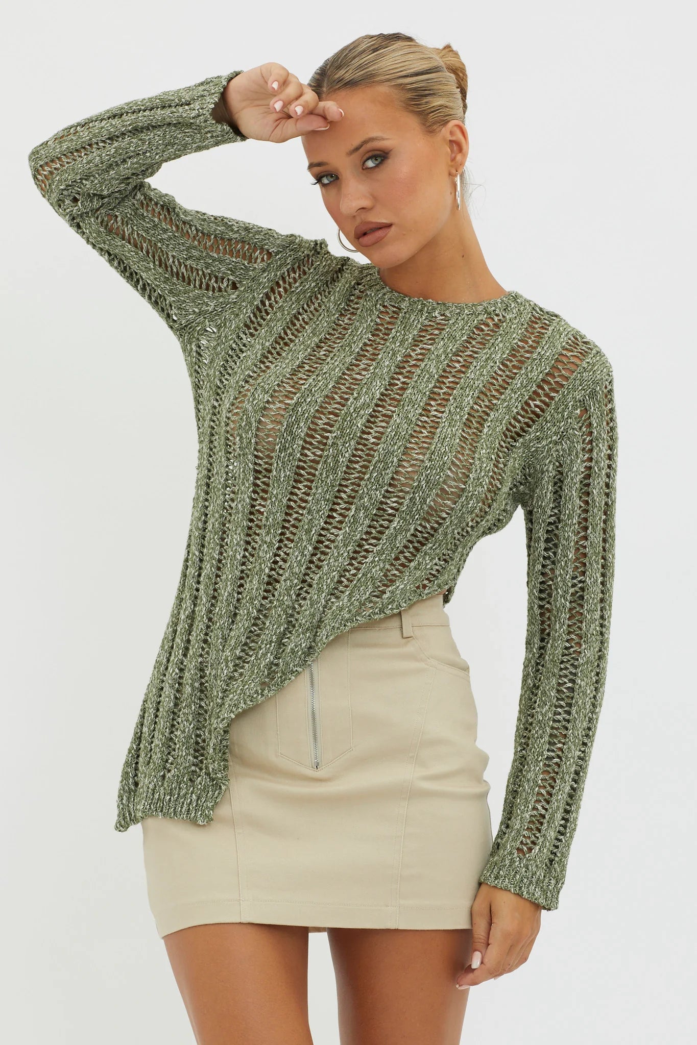 Evergreen Asymmetrical Hem Ribbed Knit Top Olive