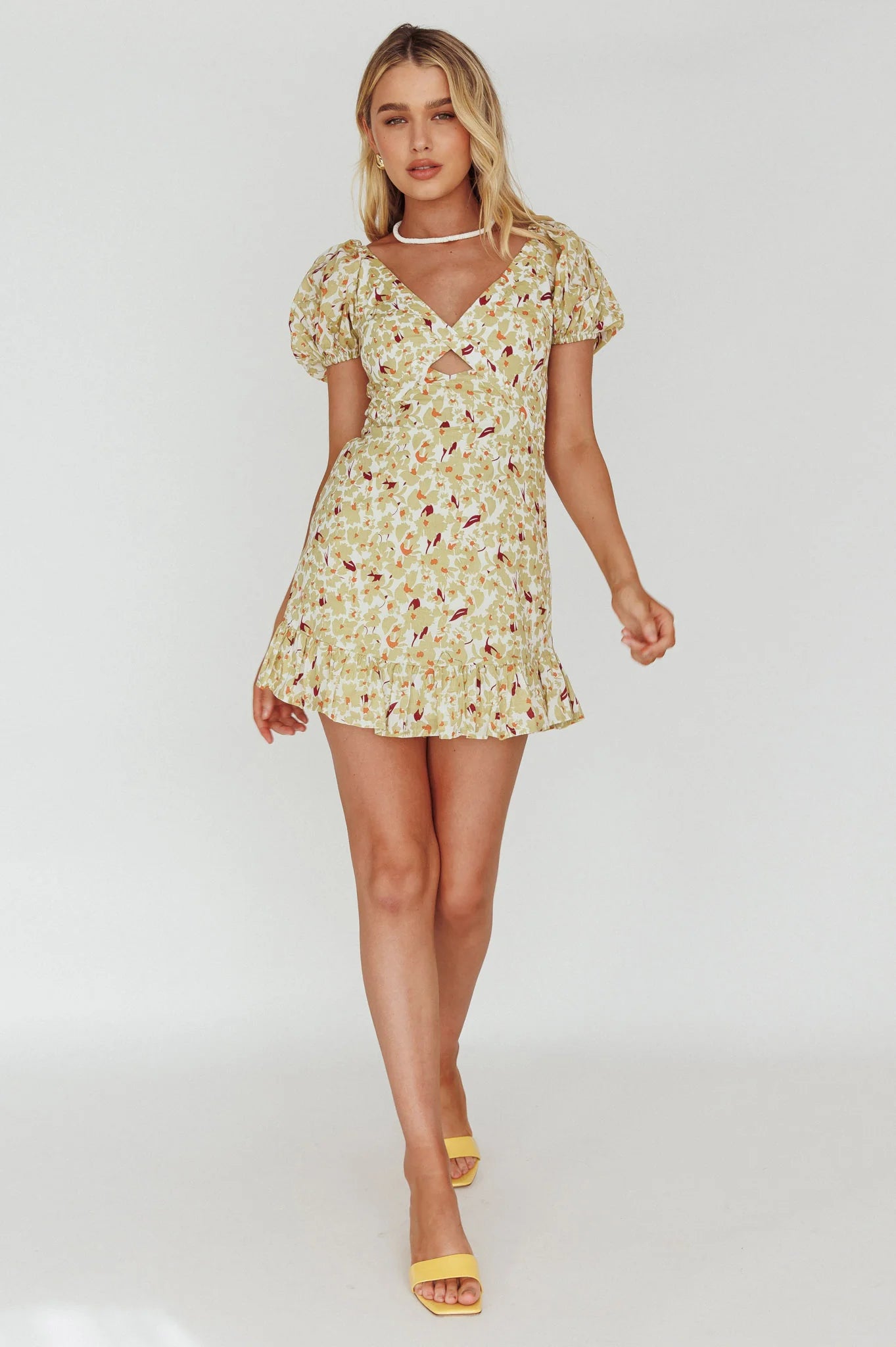 Connie Puff Sleeve Mini Dress Floral Olive