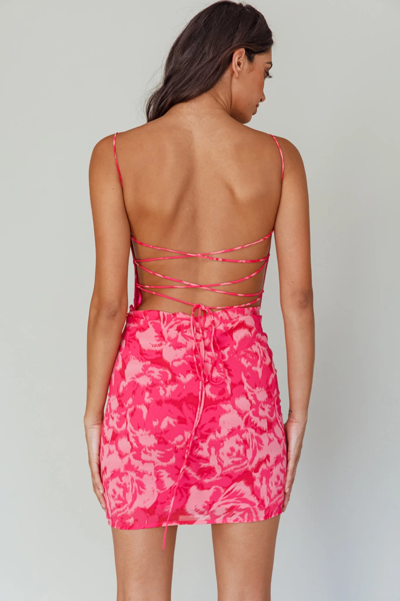 Spring Fever Lace-Up Back Mini Dress Floral Pink