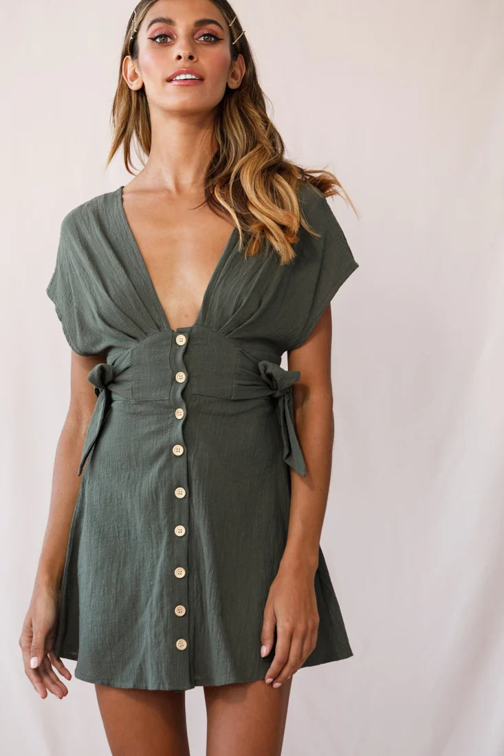 Dara Button Accent Dress Green Khaki