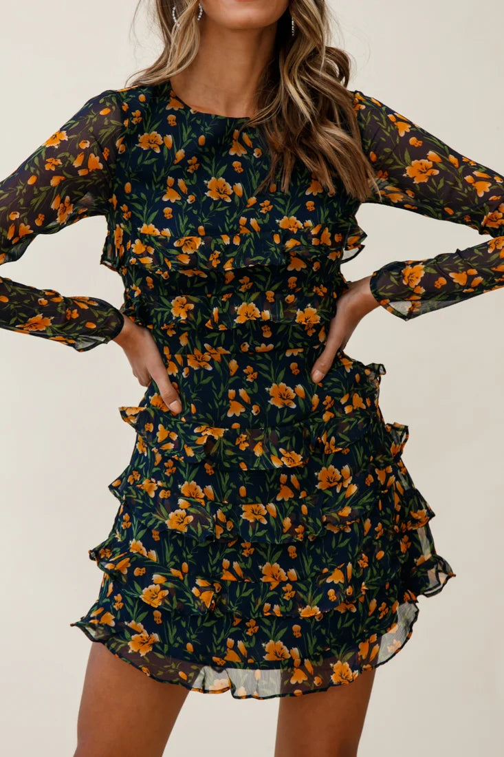 Charmaine Long Sleeve Tiered Frill Dress Floral Print Navy