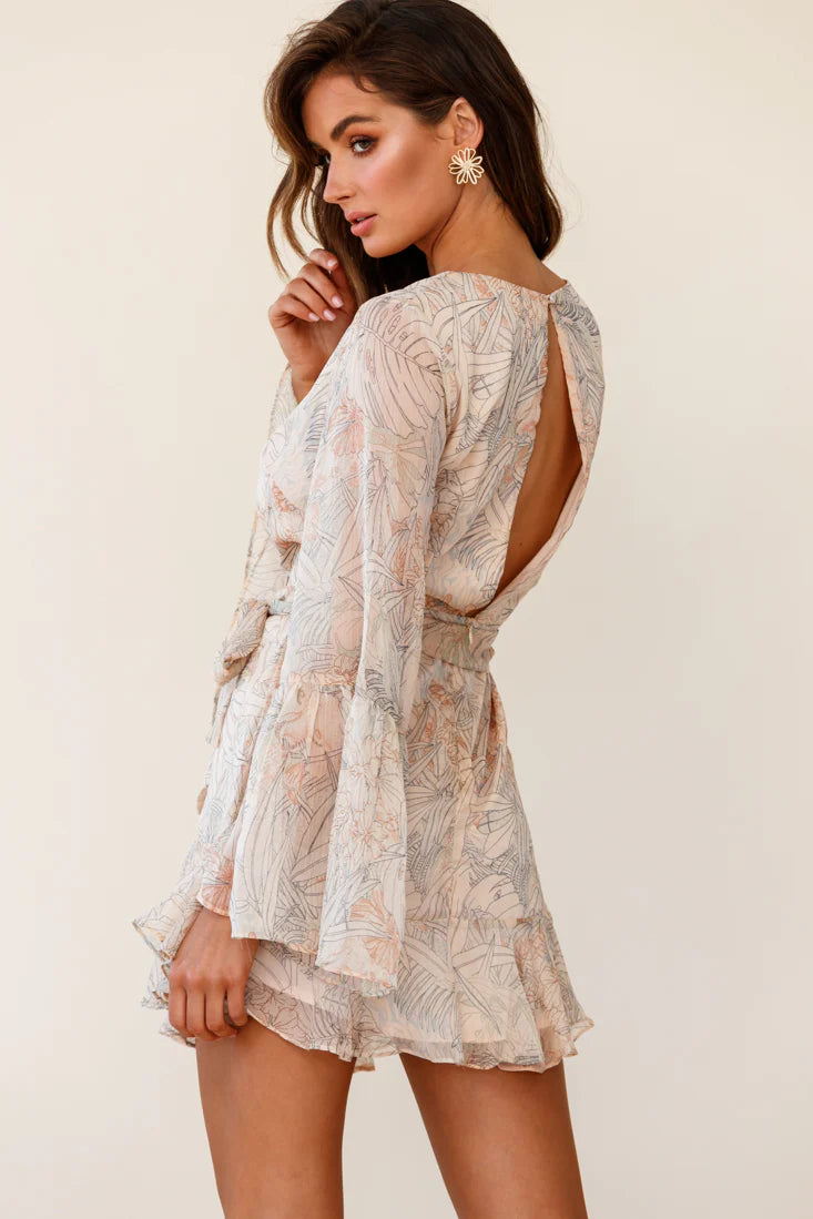 Dayton Bell Sleeve Waist Tie Dress Leaf Print Nude