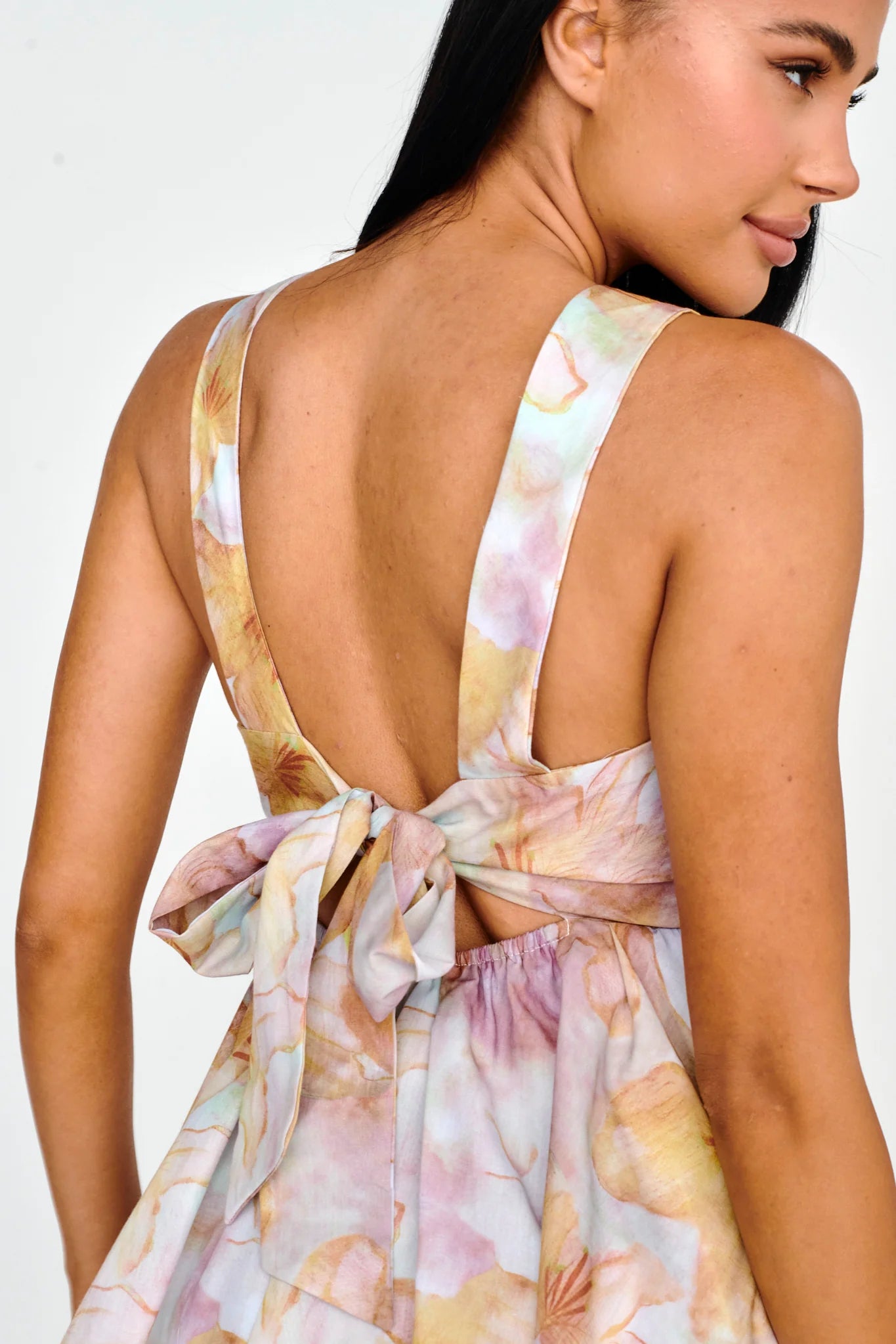 New Horizons Square Neckline Tied Mini Dress Yellow