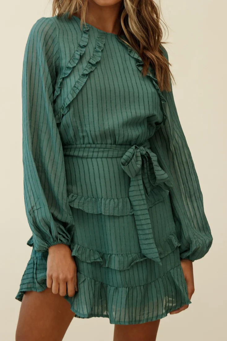 Dusk Long Sleeve Waist Tie Frill Dress Thin Stripe Green