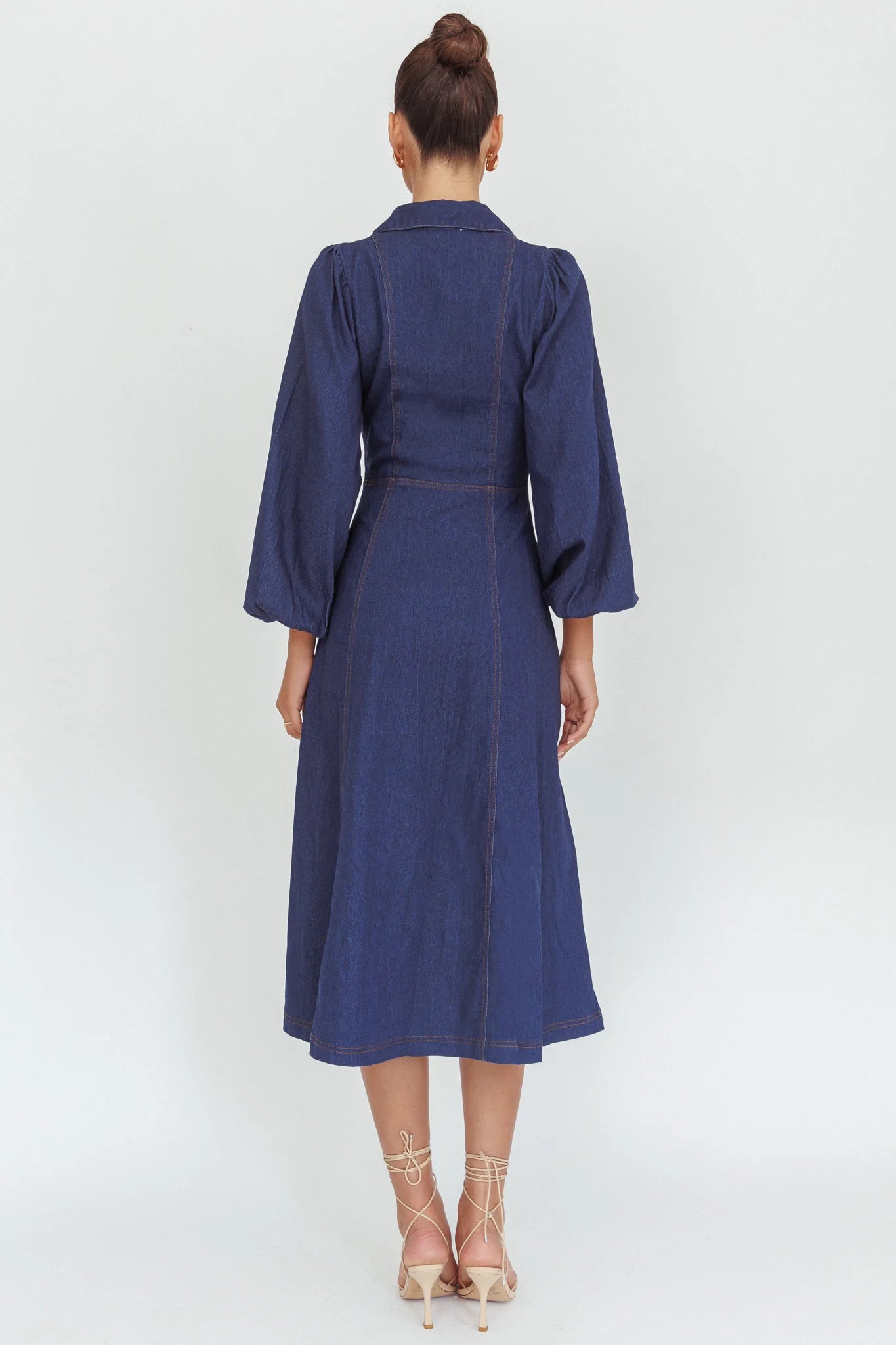 Ania Long Balloon Style Midi Dress Dark Denim
