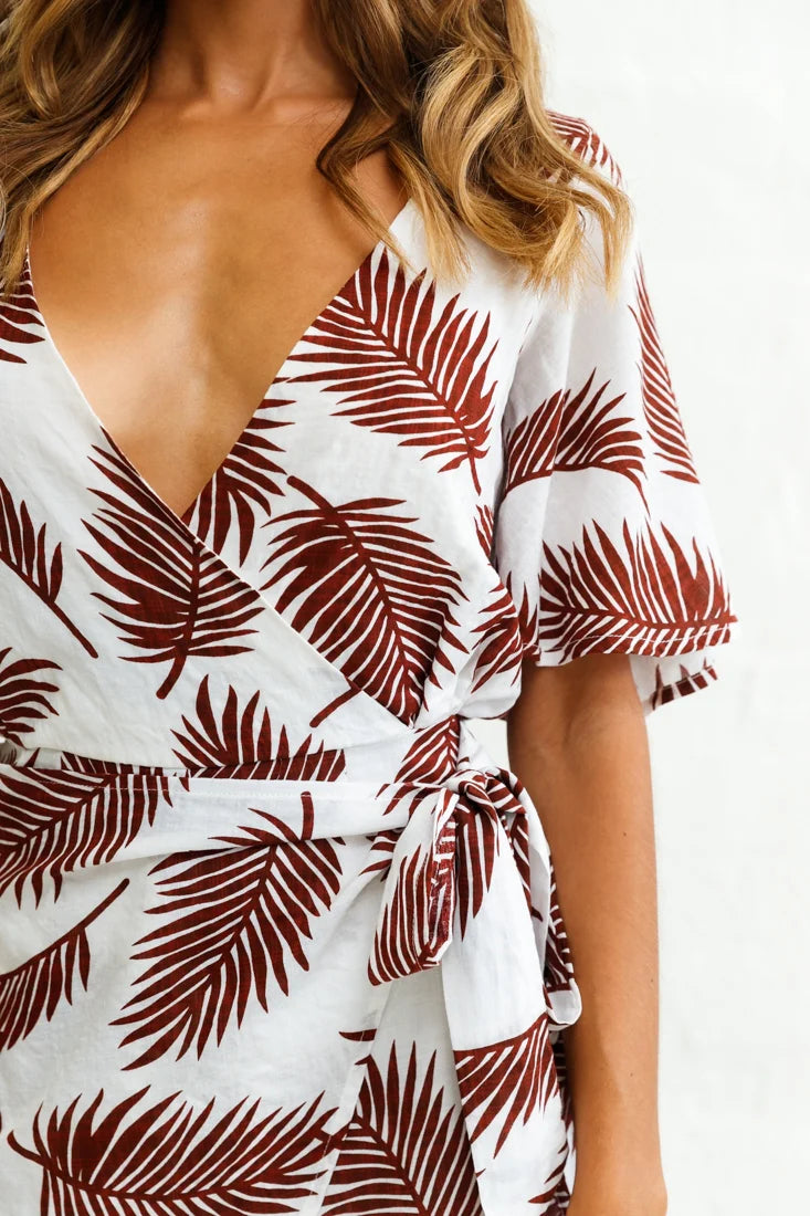 Nadi V-Neckline Wrap Romper Palm Print Wine