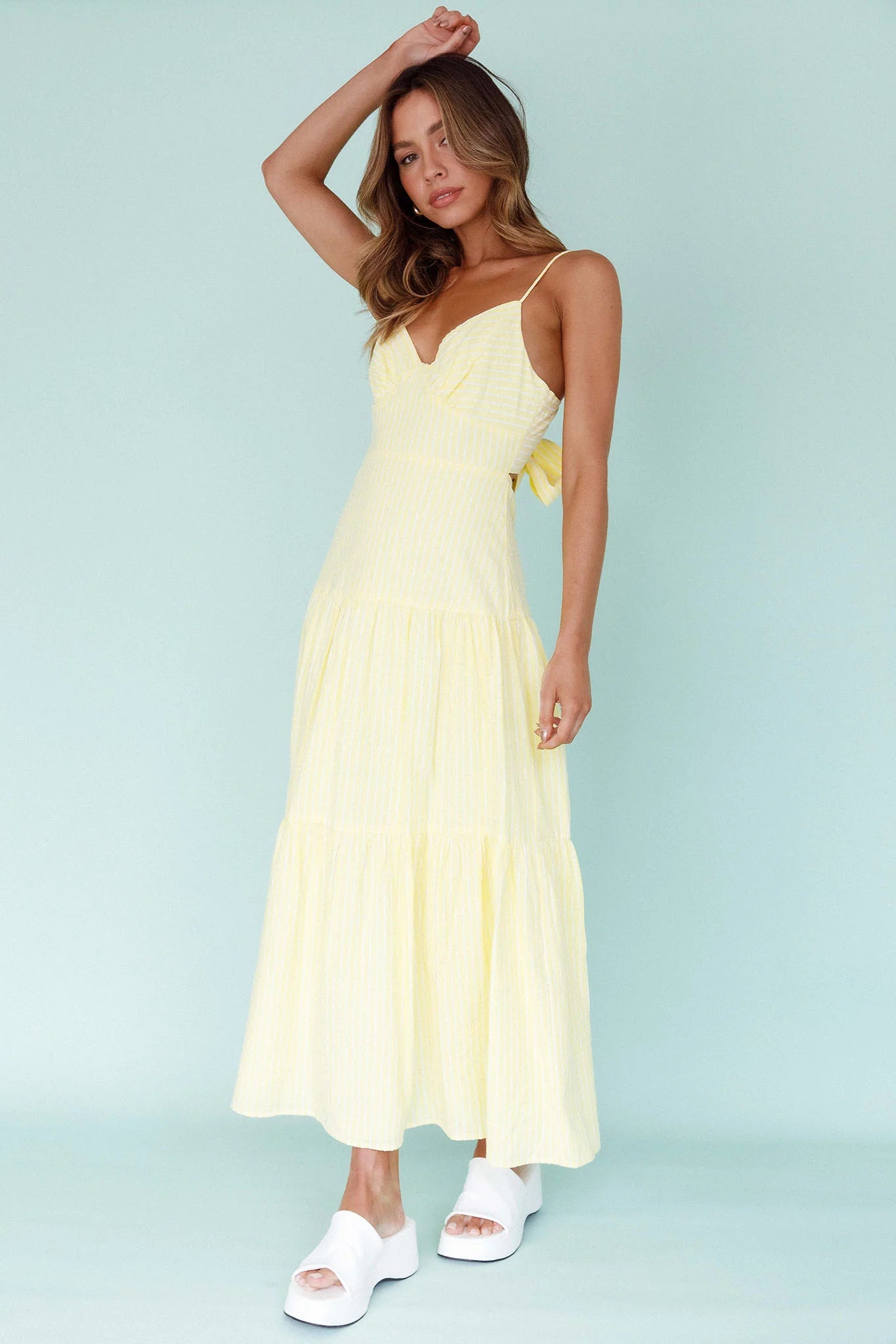 Royce Bow Back Midi Dress Striped Yellow