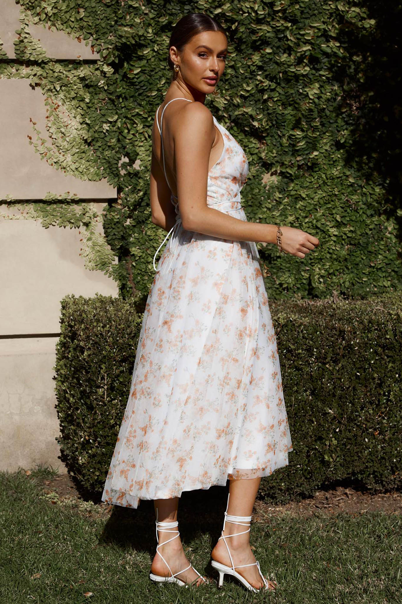 Floating By Plunging Neckline Midi Dress Floral Tangerine