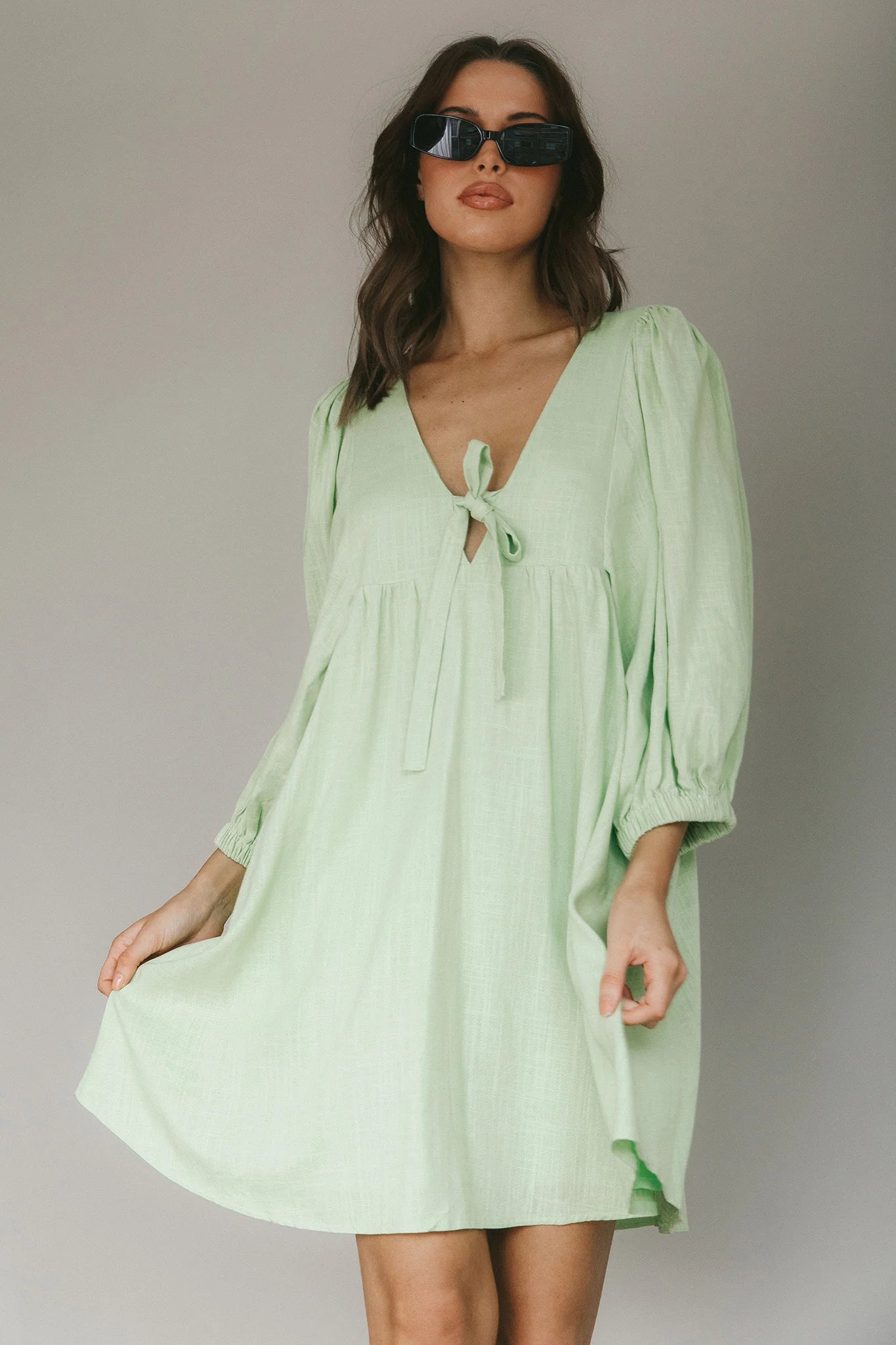 New Haven Puff Sleeve Swing Dress Lime