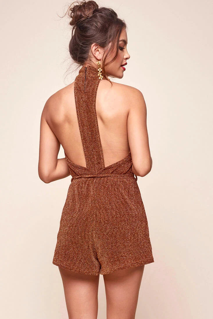 Shae Shimmery V Neck Romper Rust