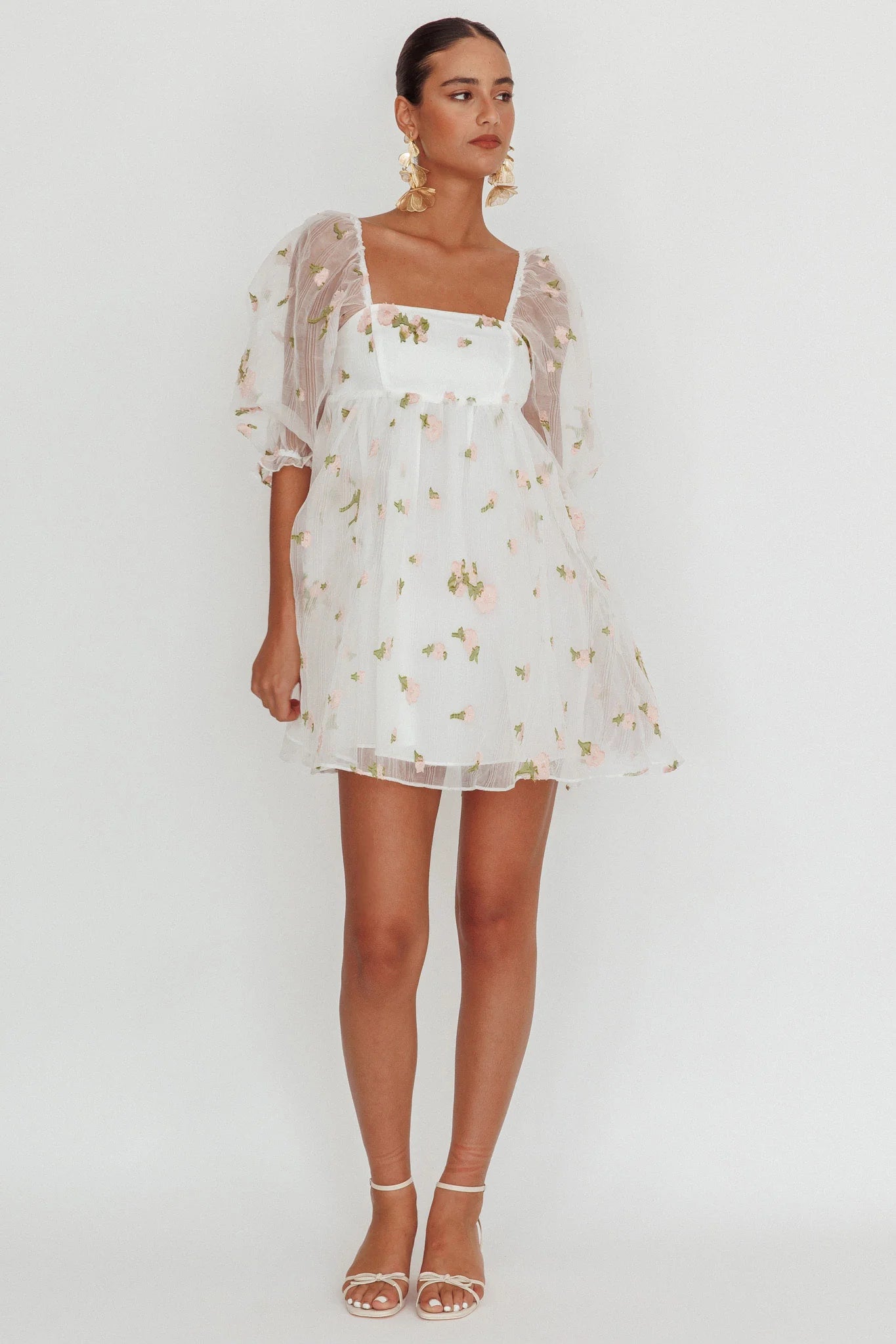 Helen Floral Organza Mini Dress White Pink