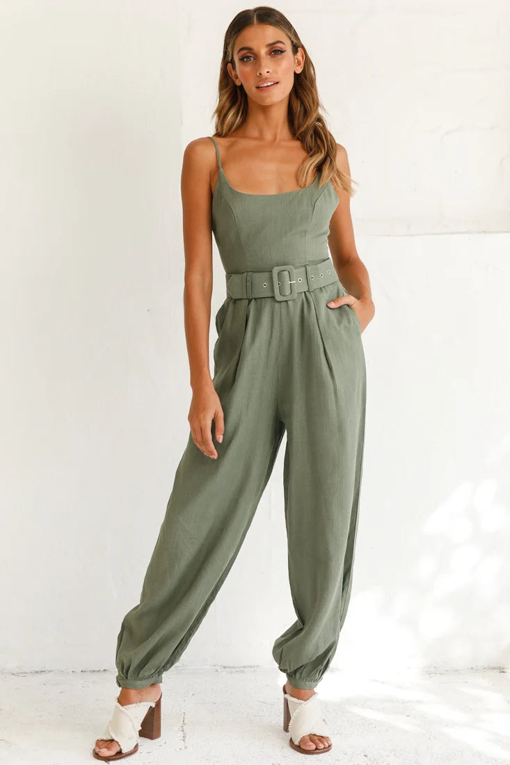 Santa Barbara Cuffed Hem Belted Jumpsuit Olive