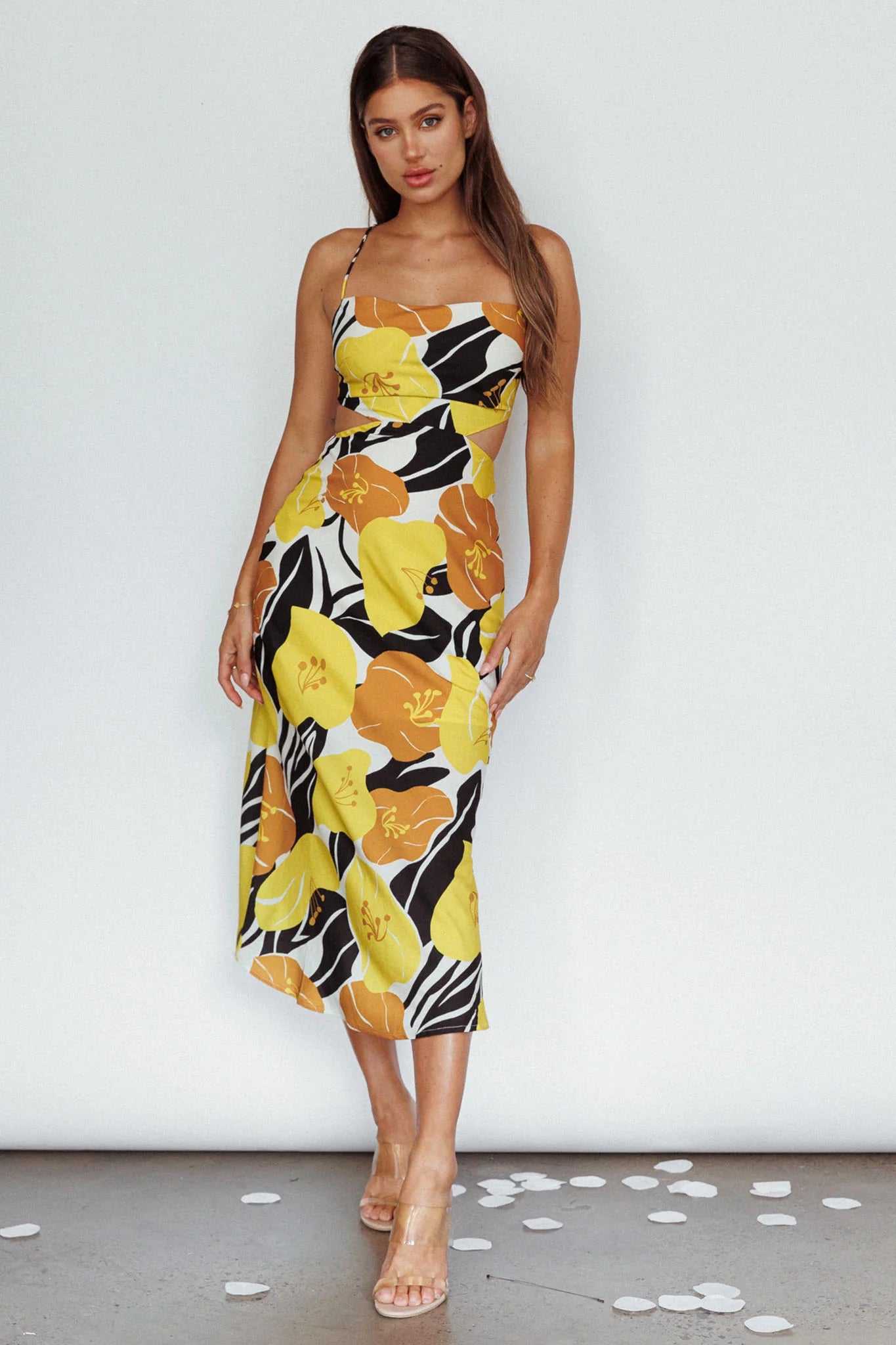 Sunday Bliss Tie-Up Back Cowl Neck Midi Dress Flower Yellow