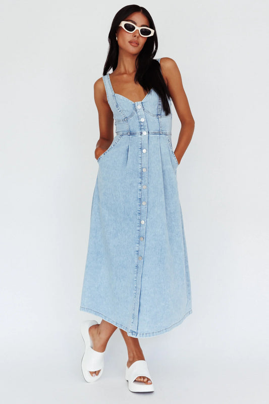 Pixie Dust Button Front Midi Dress Denim Blue